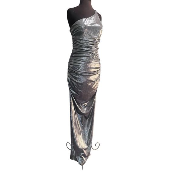 Y2K Liquid Silver Goddess Glam Asymmetric Maxi Dress 13/14 Prom Gala Disco - Picture 1 of 8